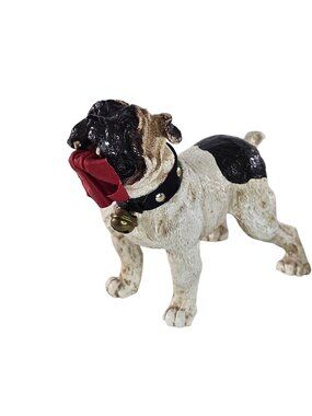Vintage English Bulldog Figurine Red Fabric In Mouth Jingle Bell Collar